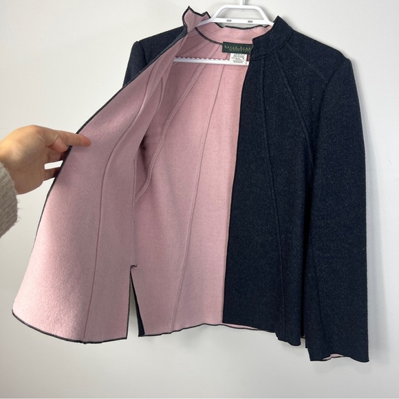 Harvé Benard Wool Blend open Front Women's Black Jacket Coat with Pink Lining 8 - Picture 9 of 10
